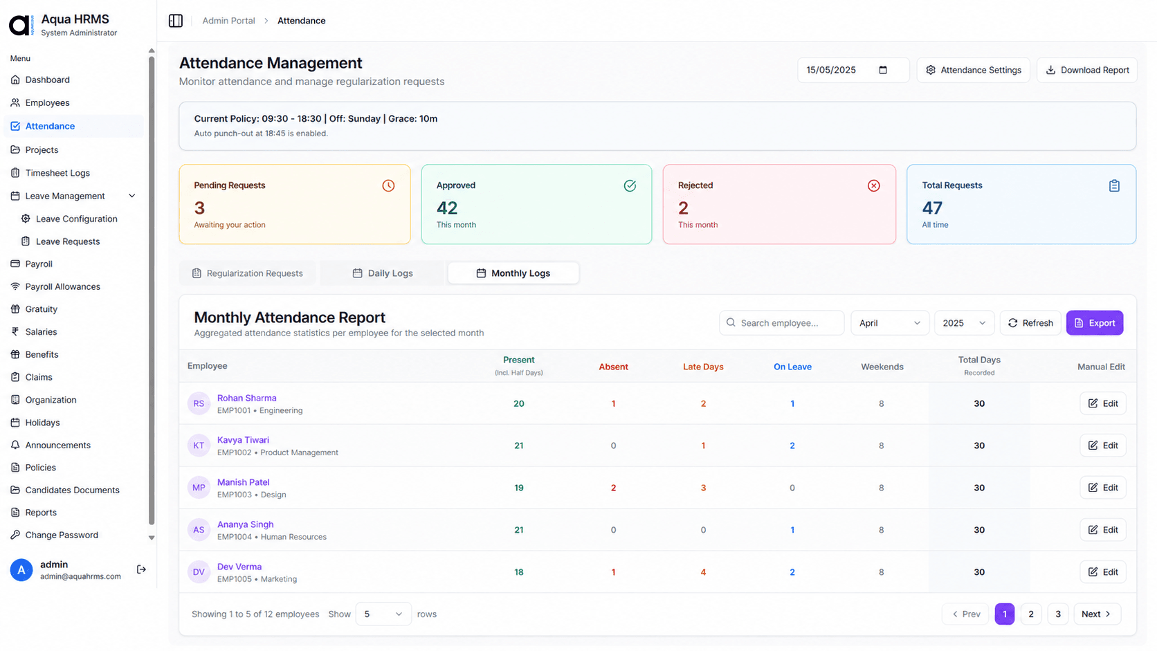 Attendance module interface