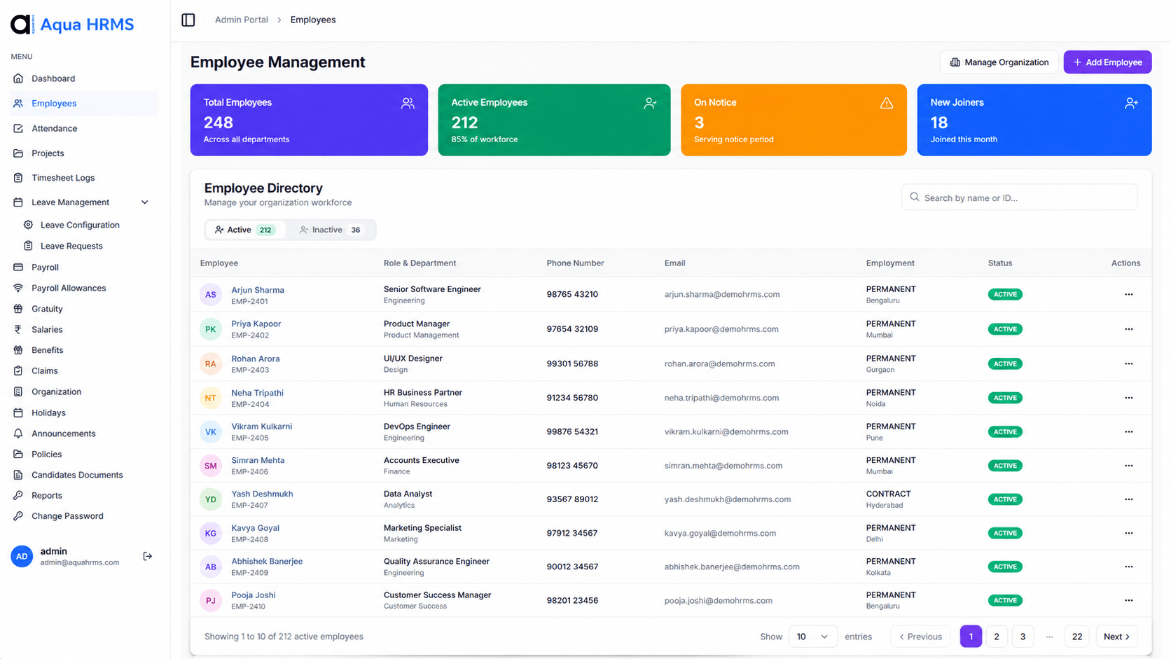 Aqua HRMS live employee and workforce status view