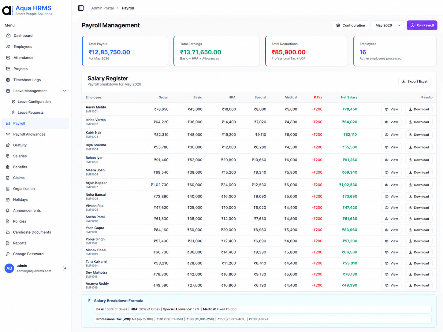 Payroll module interface