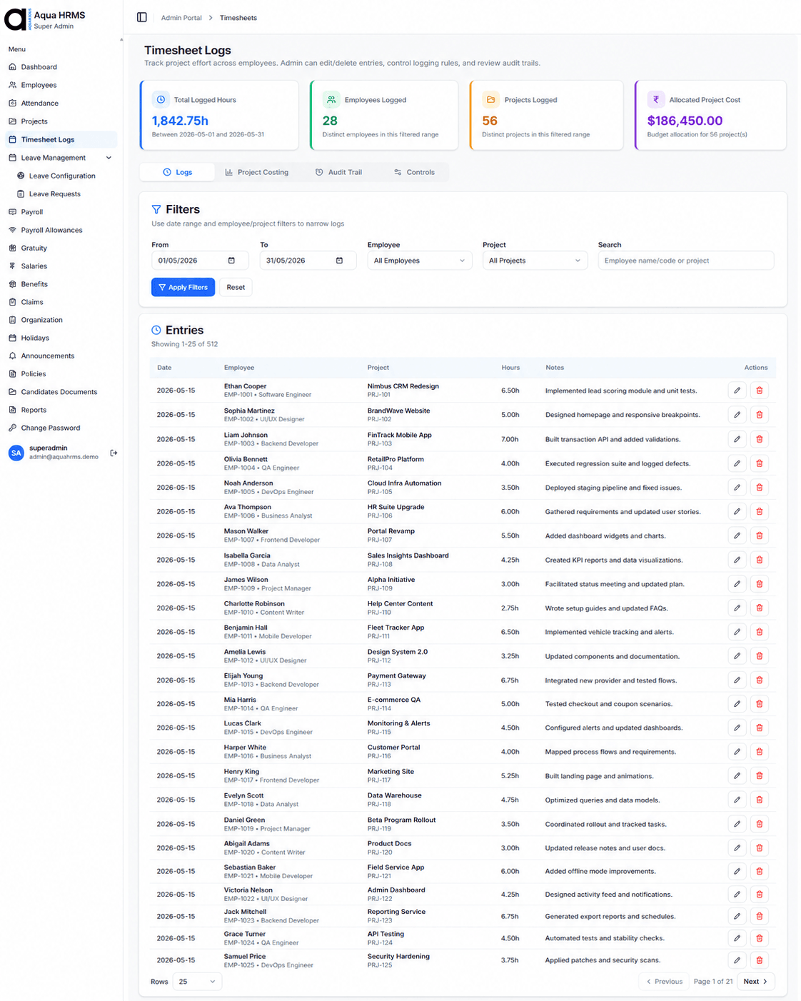 Projects module interface